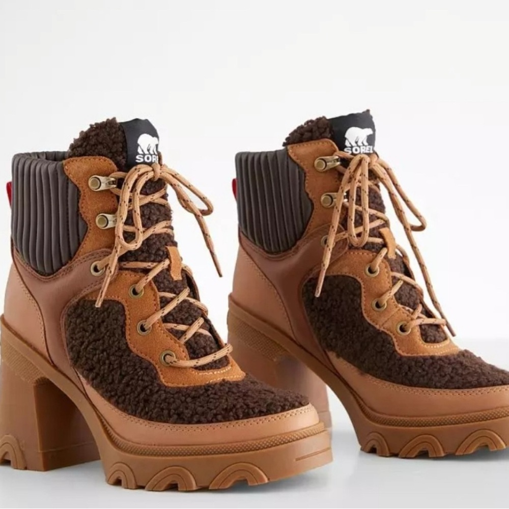 NWT SOREL Brex Heel Lace-Up Waterproof Boots Tan Brown Faux Shearling $210